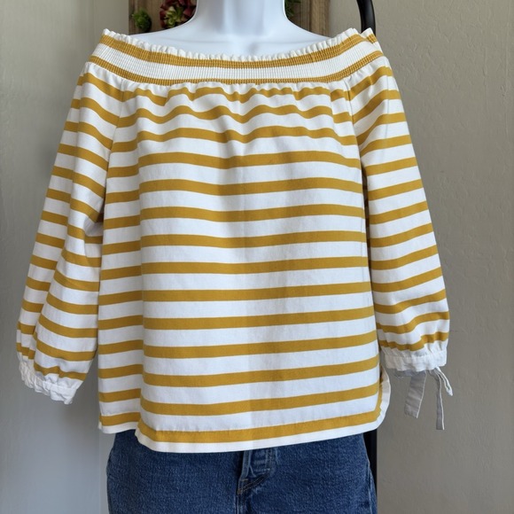 J. Crew Tops - J Crew Womens Cotton Stripe Printed Off The Shoulder Blouse Yellow White Size M